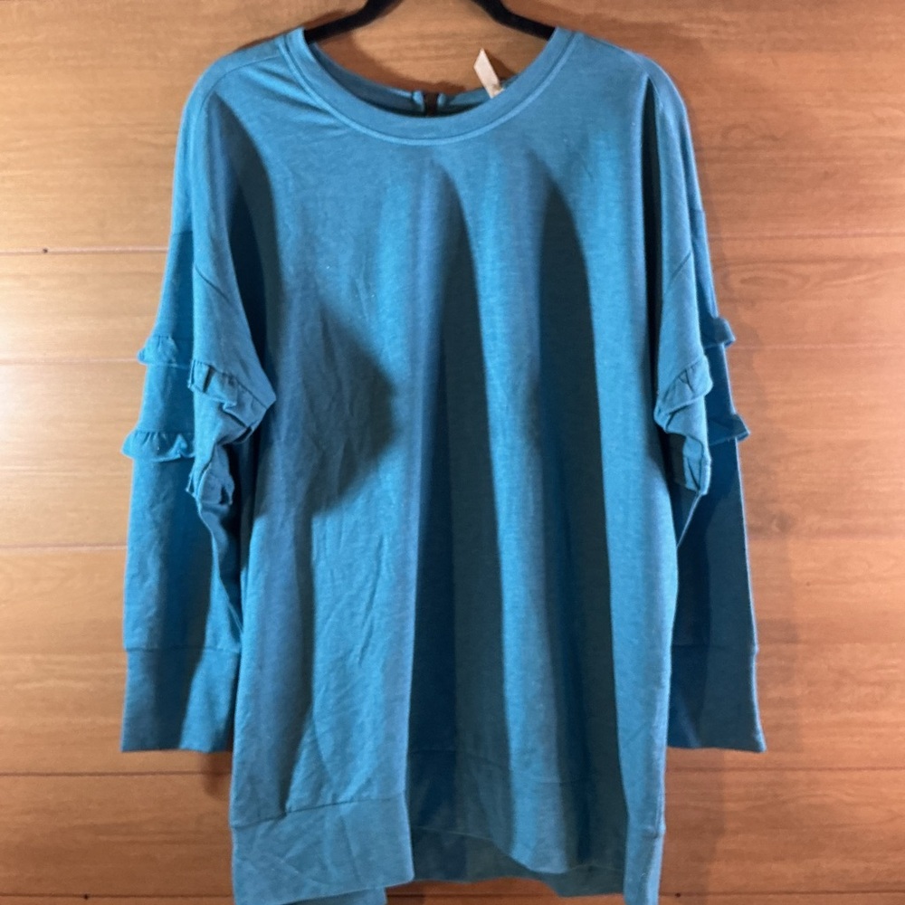 Matilda Jane Women’s Small Oversized Teal Ruffle Sleeve Tunic Sweatshirt